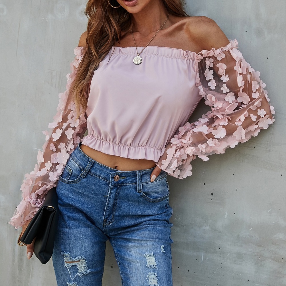 Boho Blush Pink Floral Sheer Sleeve Off Shoulder Top - Picture 2 of 7